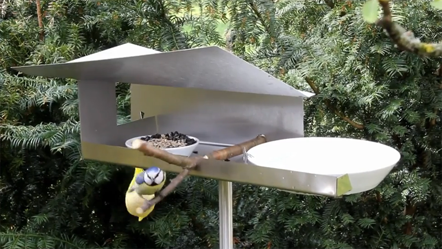 Vogel bij voederhuisje VHT-11, aanzicht vanaf onderaf met tak en zaadbakje
