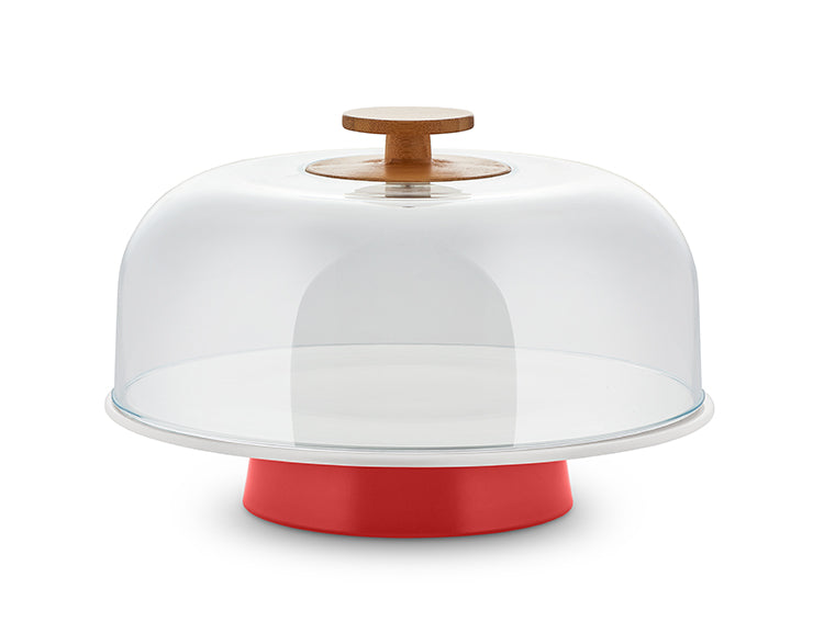 Alessi Mattina taart-plateau met stolp, rode voet en bamboe knop
