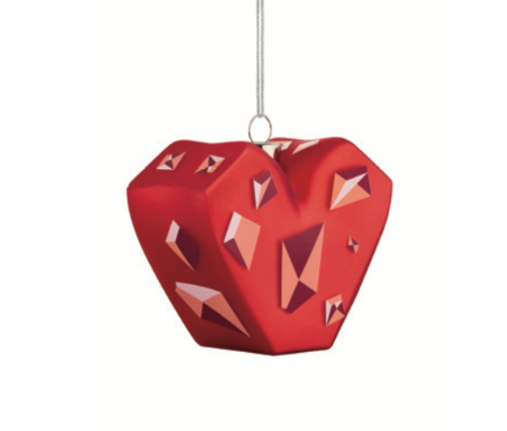 Amore al Cubo kerstkubus van Alessi, ontwerp Giacon en Jori, kerstbal in glas met rode facetten.