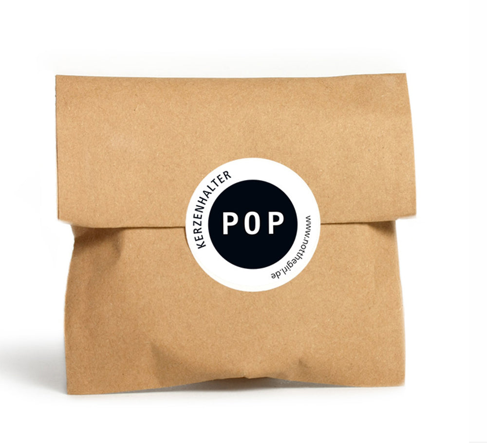 Verpakking van kaarsenhouder Pop in zwart, kraftpapieren zak met sticker