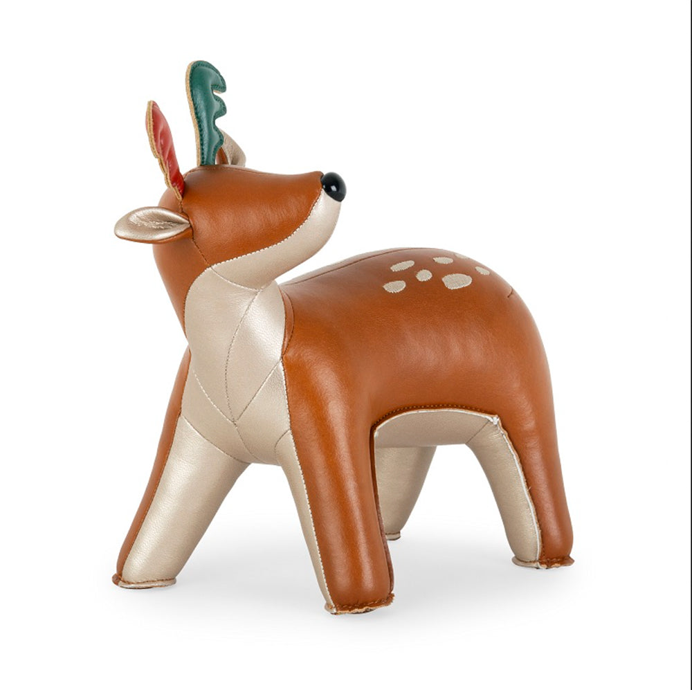 Deer Luke boekensteun in loopstand, hertje met rood en groen oor