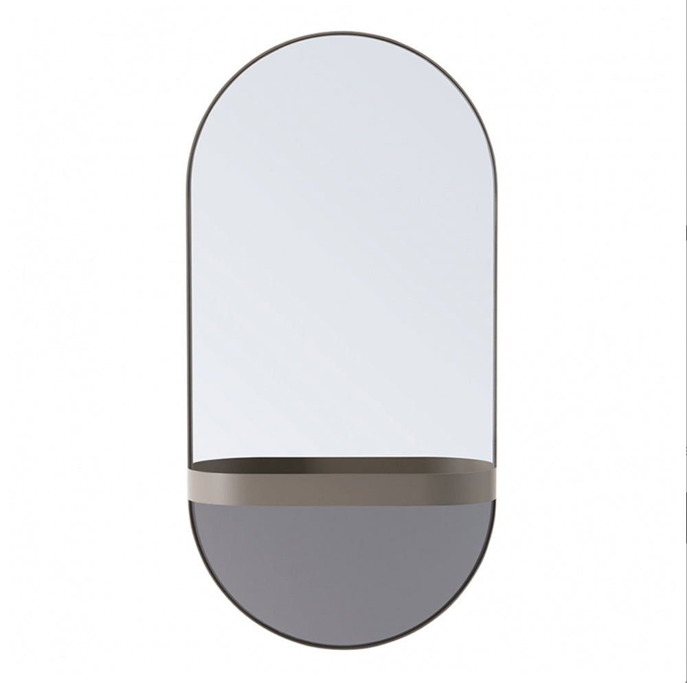 Ovale spiegel van taupe staal en glas, frontaal aanzicht