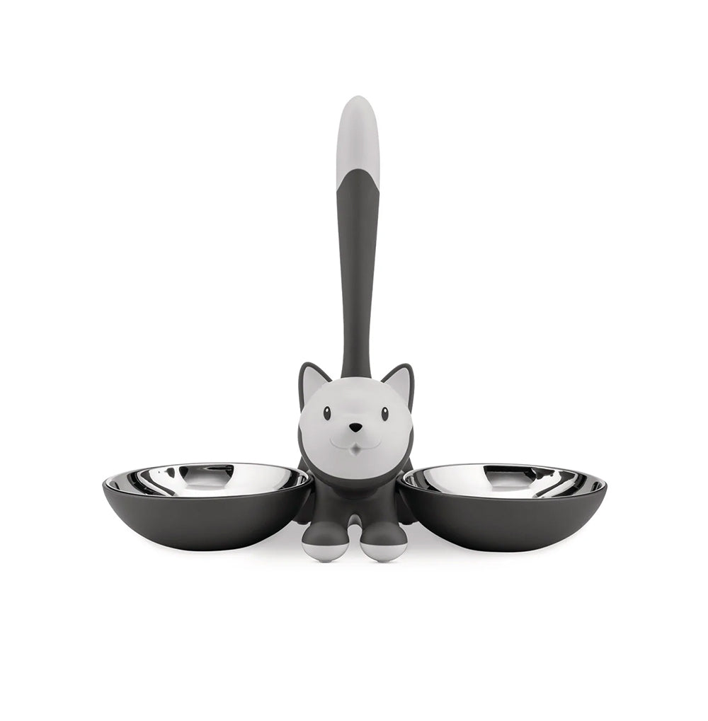 Alessi Tigrito voederbak voor katten met witte staart, grijs met rvs bakjes