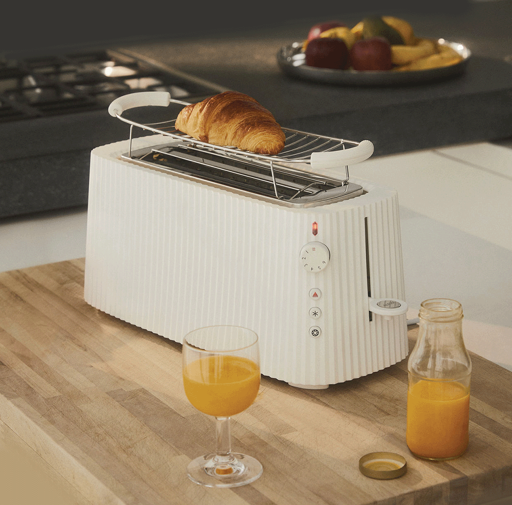 Alessi plissé lang broodrooster met opwarmrek en croissant, wit