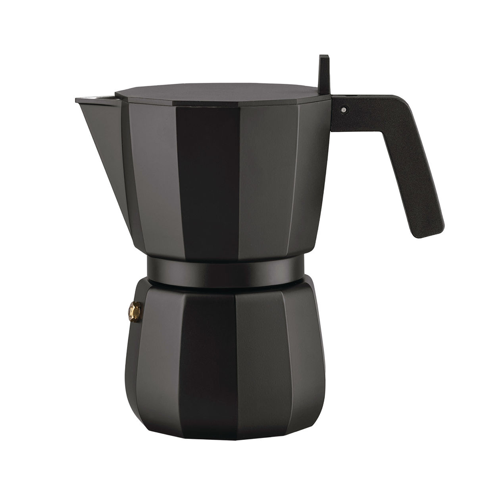 Alessi Moka espressomaker in zwart, zijaanzicht met handvat naar rechts