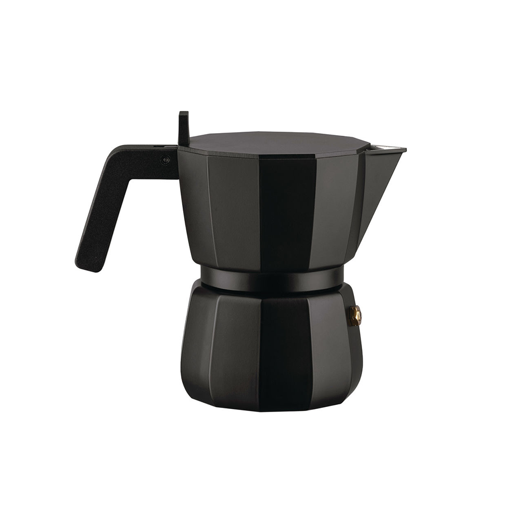 Alessi Moka zwarte espressomaker, driekops, zijaanzicht met handvat