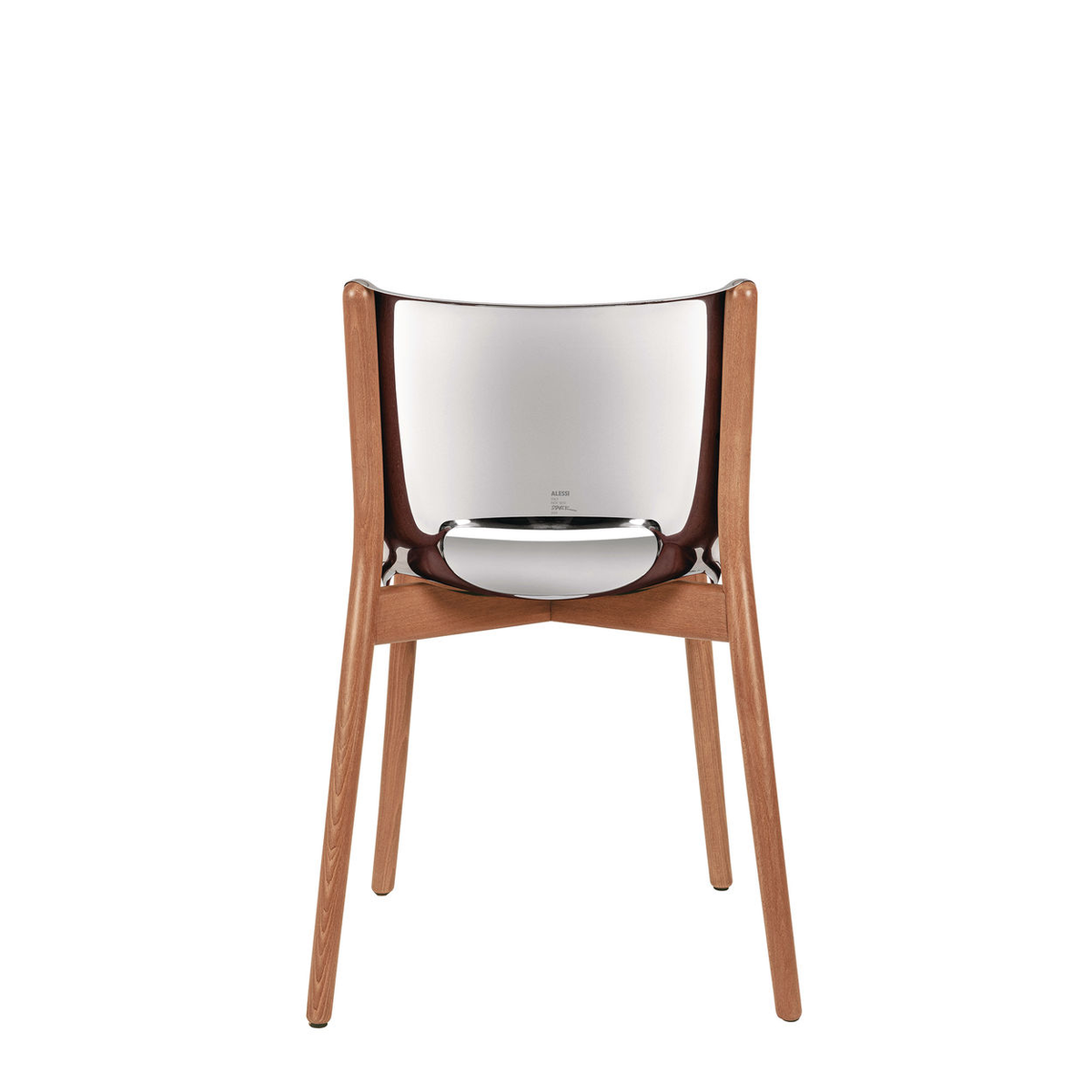 Alessi Poêle chair in polished stainless steel, rear view with wooden legs