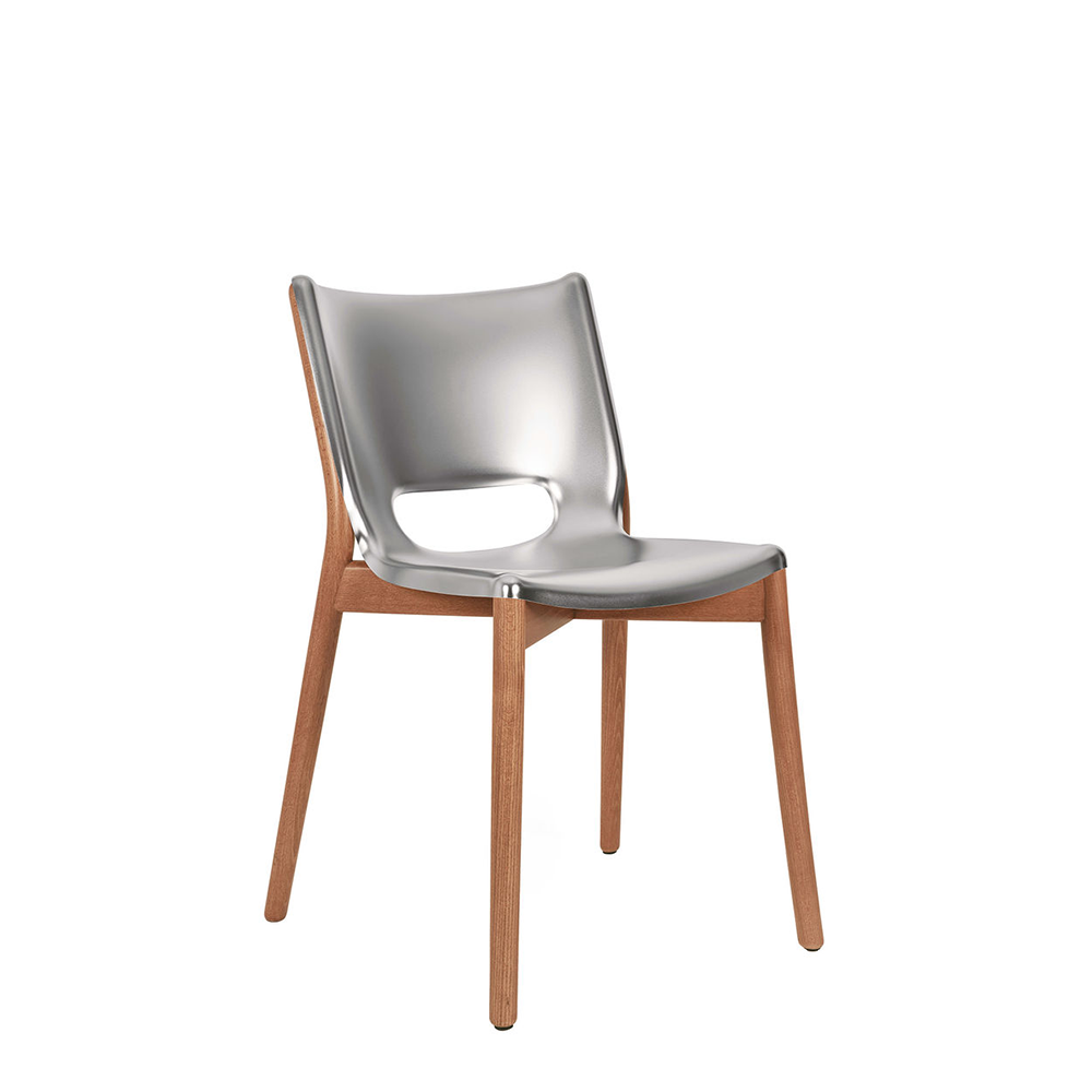 Alessi Poêle stoel in mat rvs, ontwerp Philippe Starck, schuinzicht vanaf zitvlak