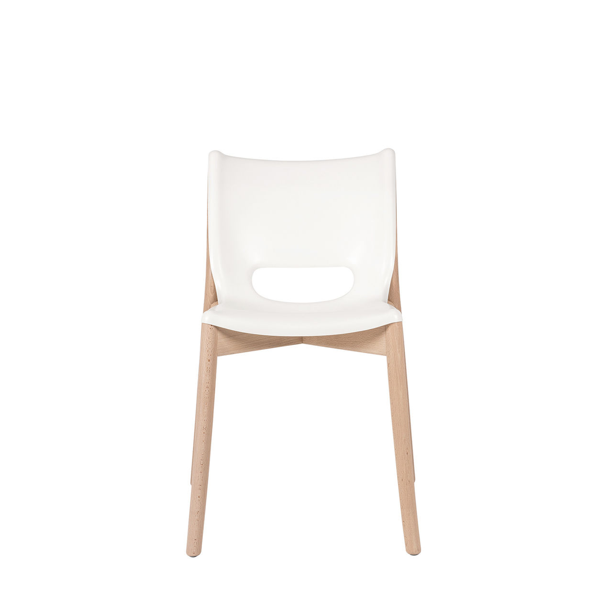 Poêle chair in white with wooden legs, front view