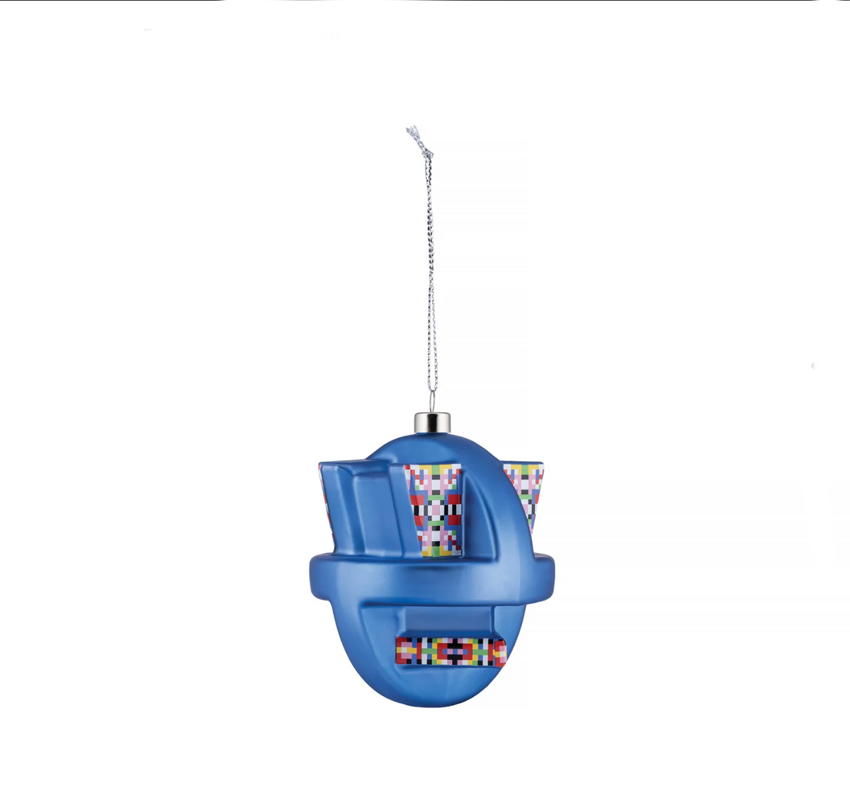 Holyhedrics kerstbal, zijaanzicht in blauw met kleurrijk geometrisch patroon