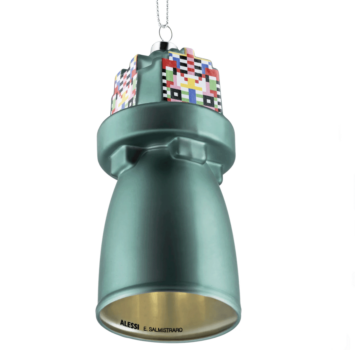 Alessi Holyhedrics kerstbal, close-up van klokvorm met merknaam en gouden binnenzijde