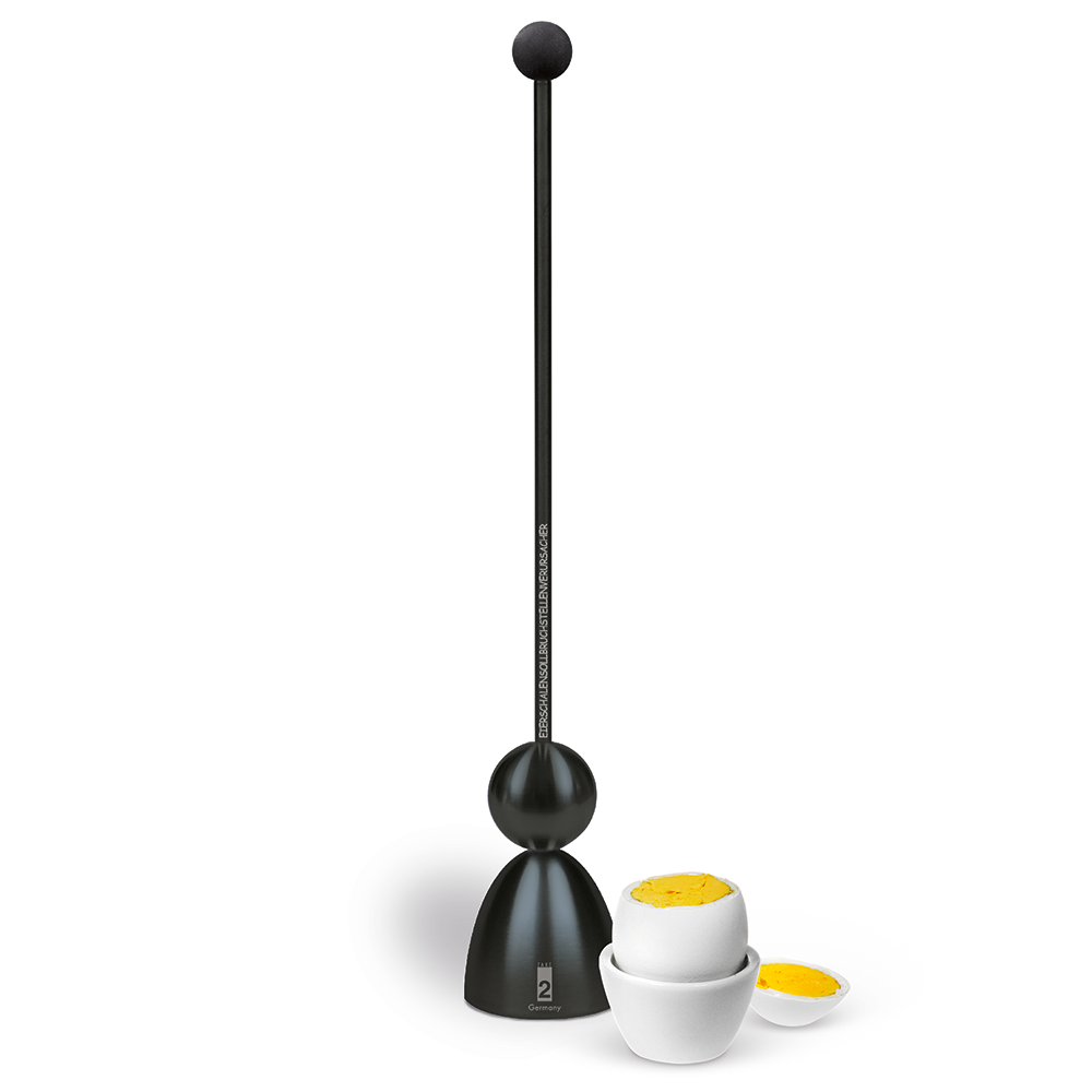 Clack Black Edition eierdopper van Take2, matzwart staal, met ei en eierdopjes