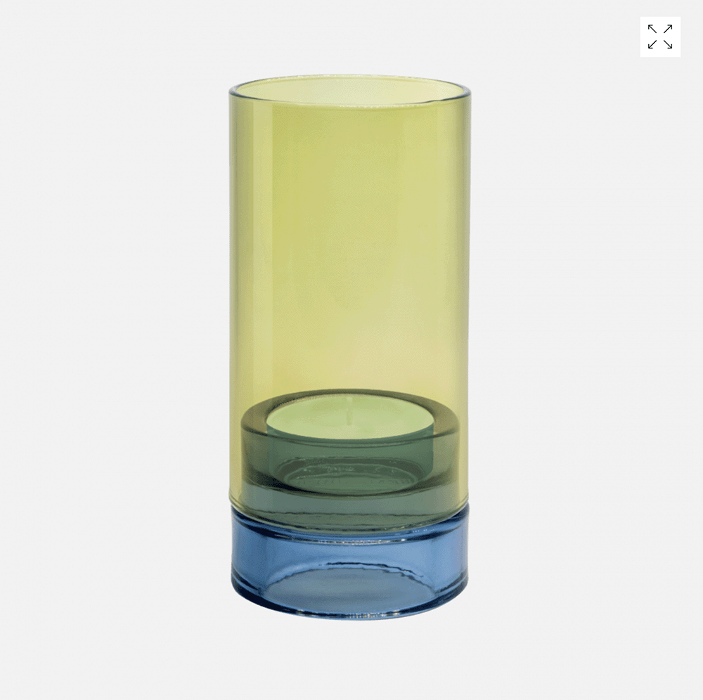 Lys windlicht van Remember, glazen houder met losse cilinder in lime en blauw