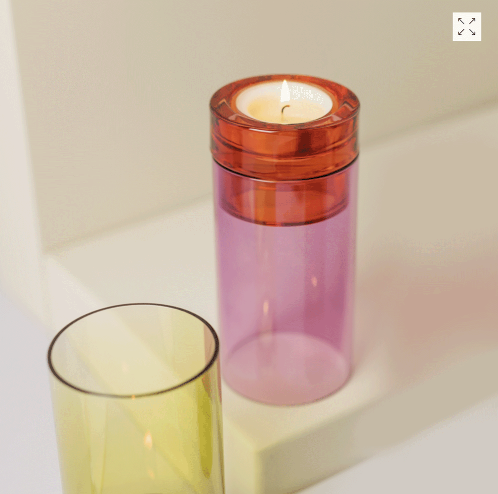Detail van glazen Lys windlicht met losse houder in roze en oranje