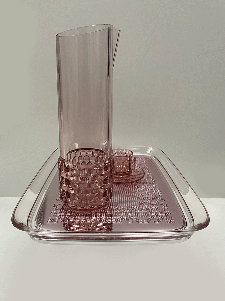 Kartell Teatime Rosa tray in pink plastic with carafe and glass