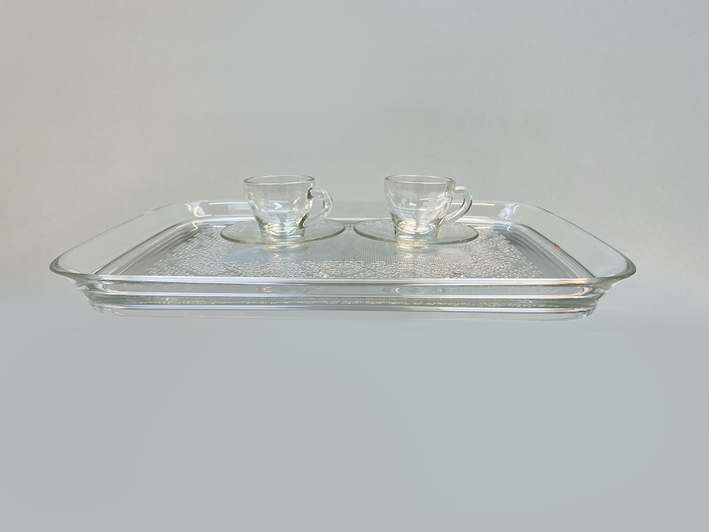 Kartell Teatime tray in chrome, with two glass teacups