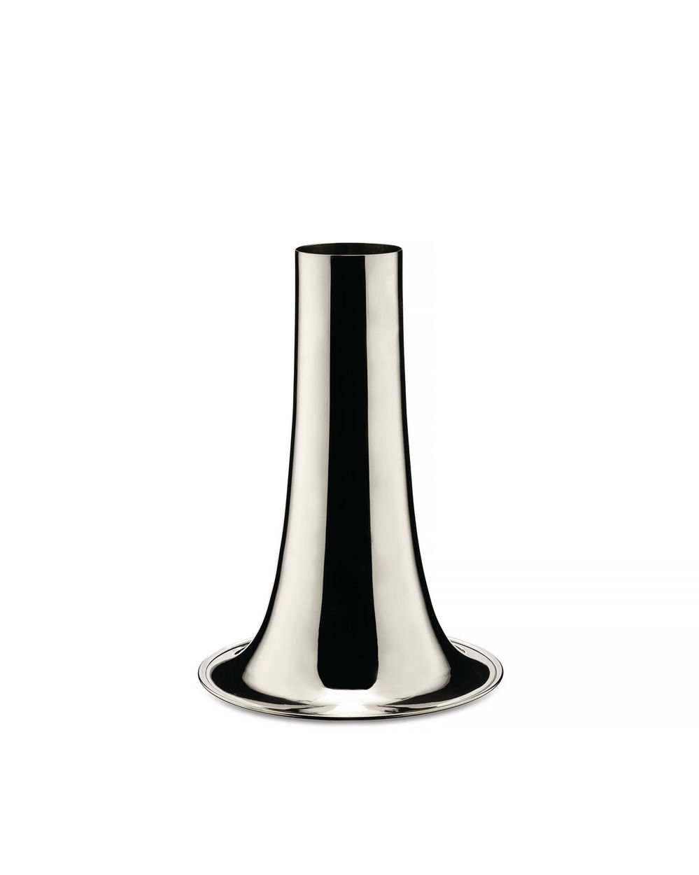 Trumpet vaas breed in zilver van Alessi, trompetvormig, zonder bloemen.