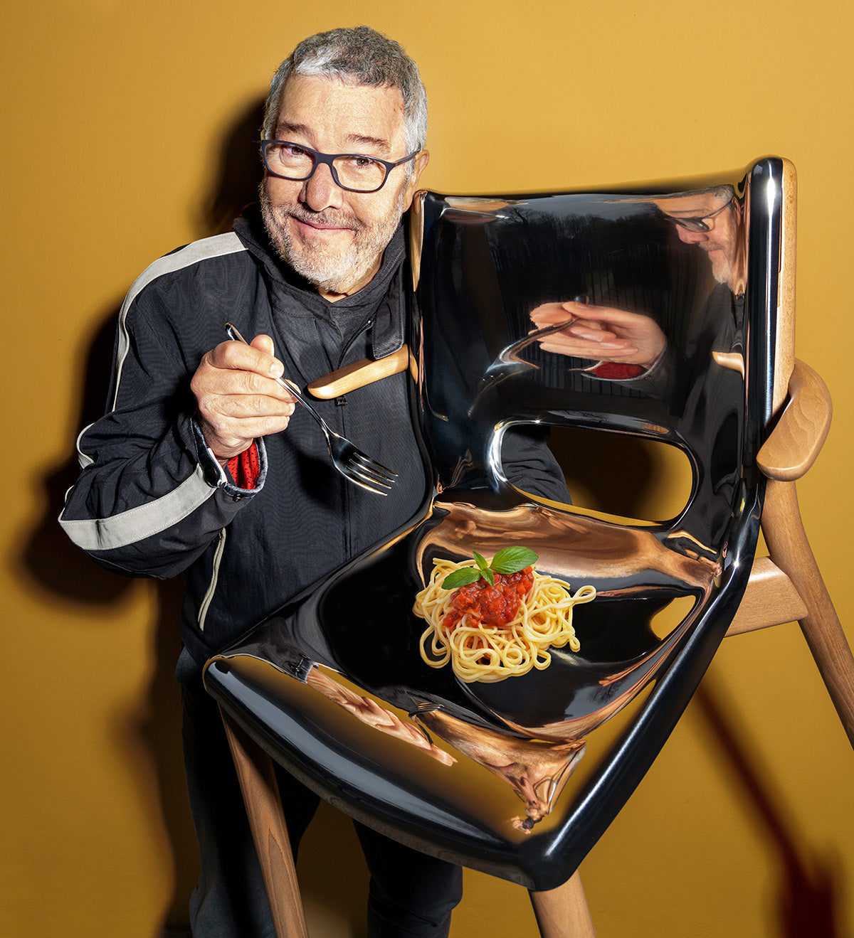 Poêle armchair, detail of seat with designer Philippe Starck