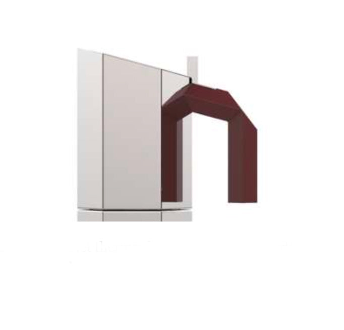 Zijaanzicht van de Alessi Menhir koffiemaker in rvs met bordeaux handvat.