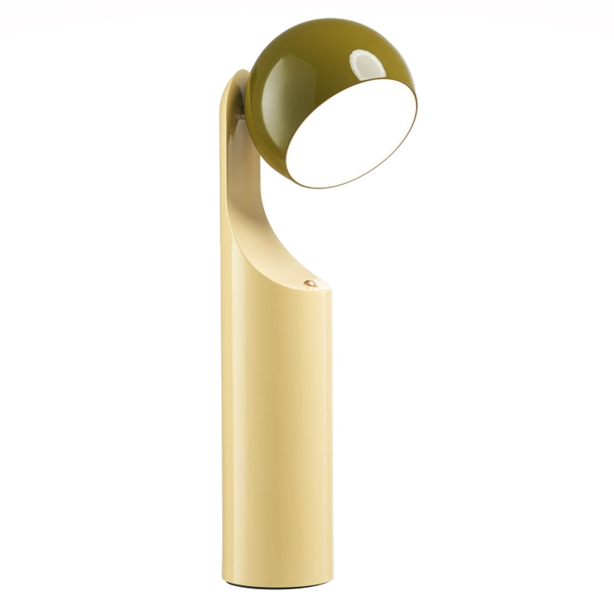 Zijaanzicht van de Mono lamp met mooie glanzende kop in olijfgroen