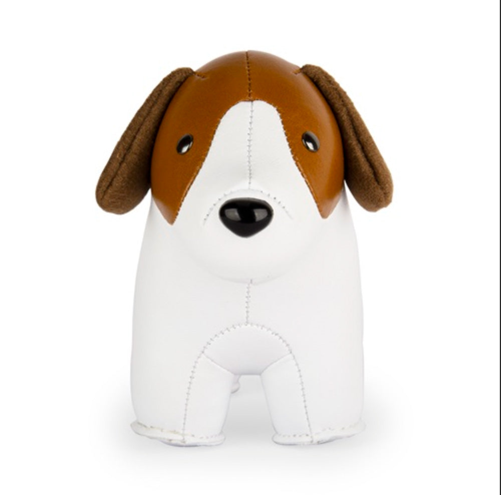 Zuny Beagle presse-papier van kunstleer, vooraanzicht met zwarte neus.