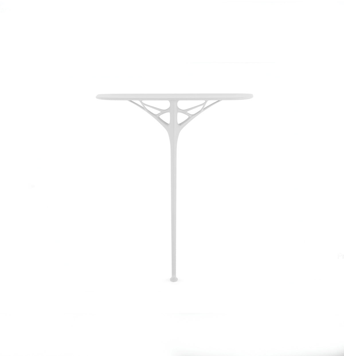 Zijaanzicht van de witte A.I. Console wandtafel van Kartell, ontworpen door Philippe Starck.