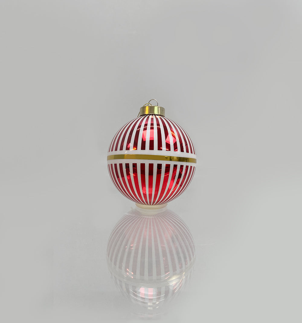 Alessi Delight grote kerstbal, glazen, met rood-witte strepen en gouden band