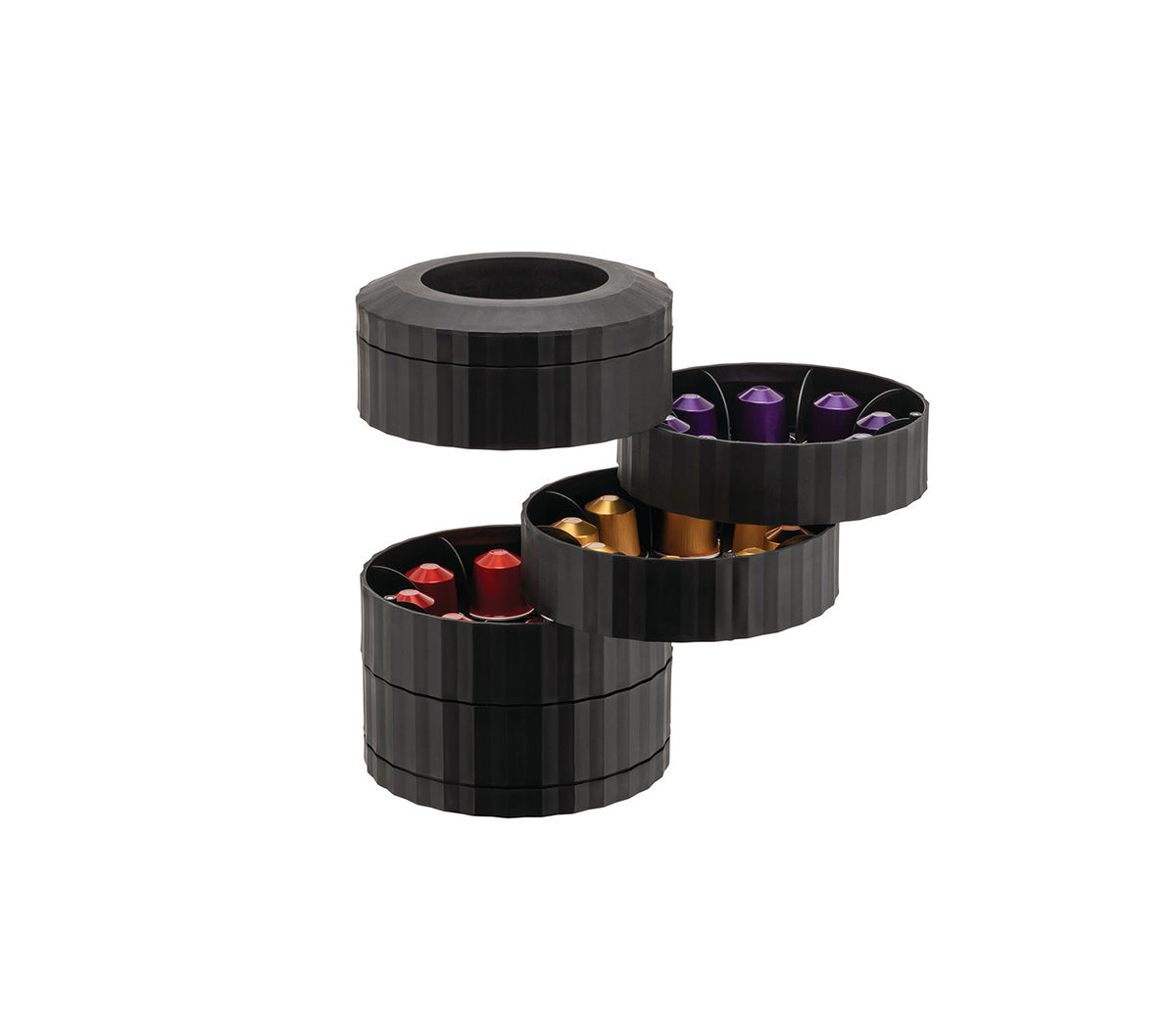 Alessi Plissé capsule holder in black, open with compartments and capsules