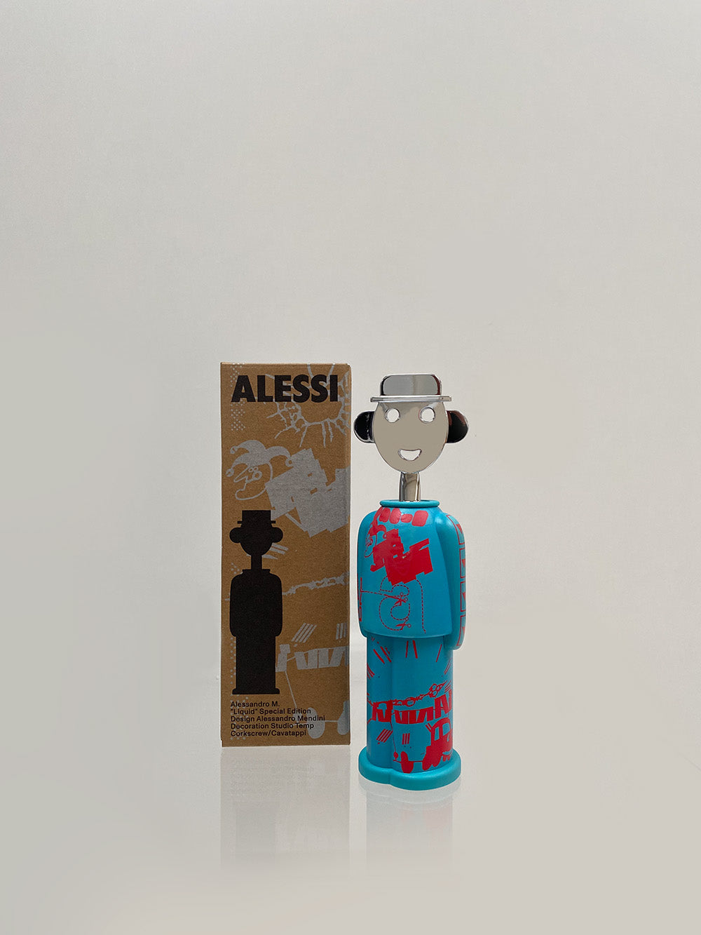 Sandro kurkentrekker uit de Liquid serie, met bijhorende Alessi-verpakking.