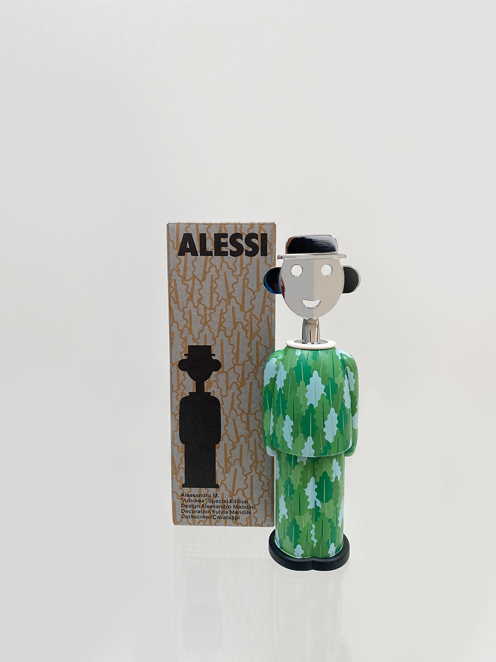 Kurkentrekker Sandro Arborea van Alessi met verpakking, groen bladmotief.