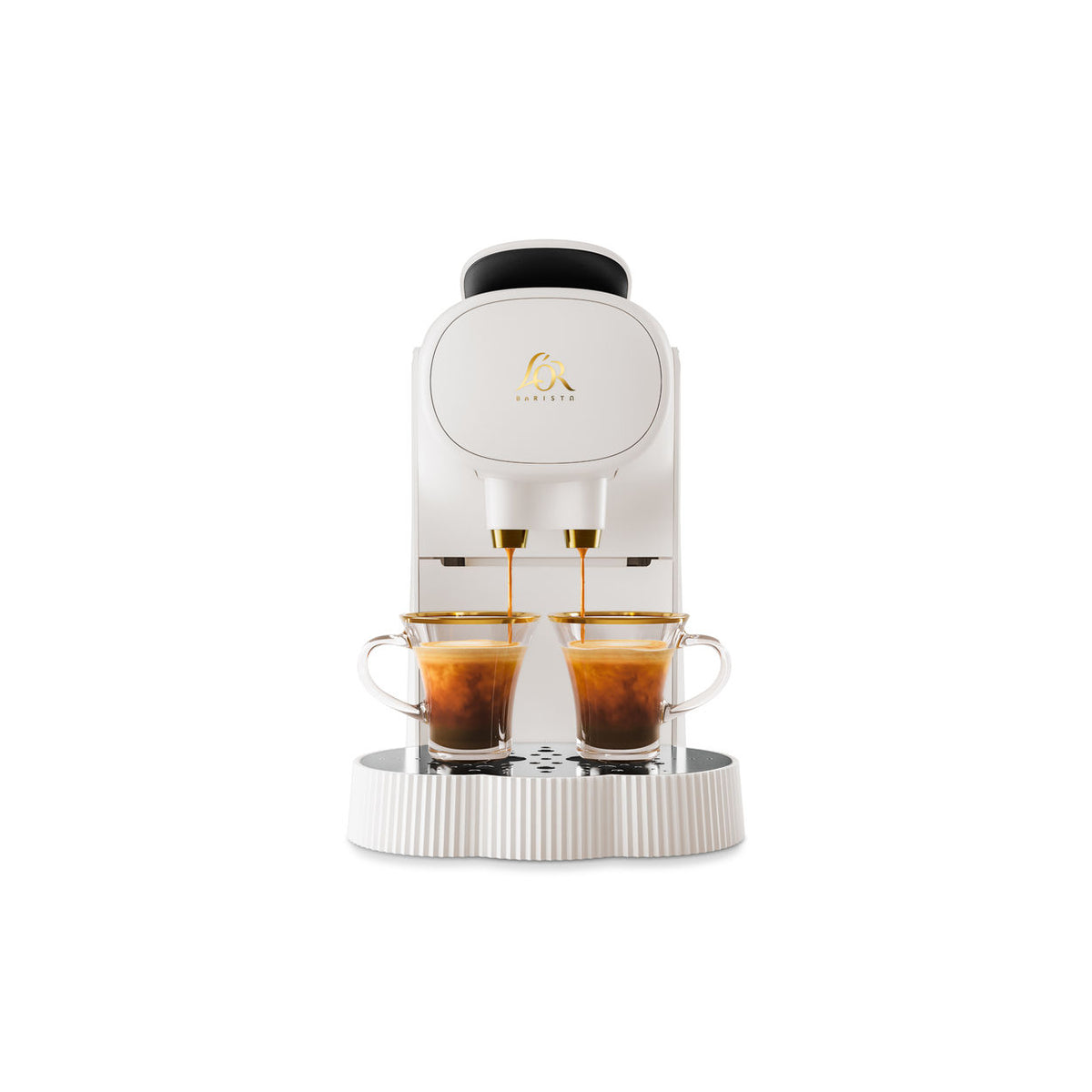 L'Or Plissé coffee machine, front view, white with ribbed sides