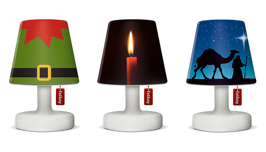 Drie kerst-cappies voor Fatboy Edison la Surprise: elf, kaars en ster met kameel