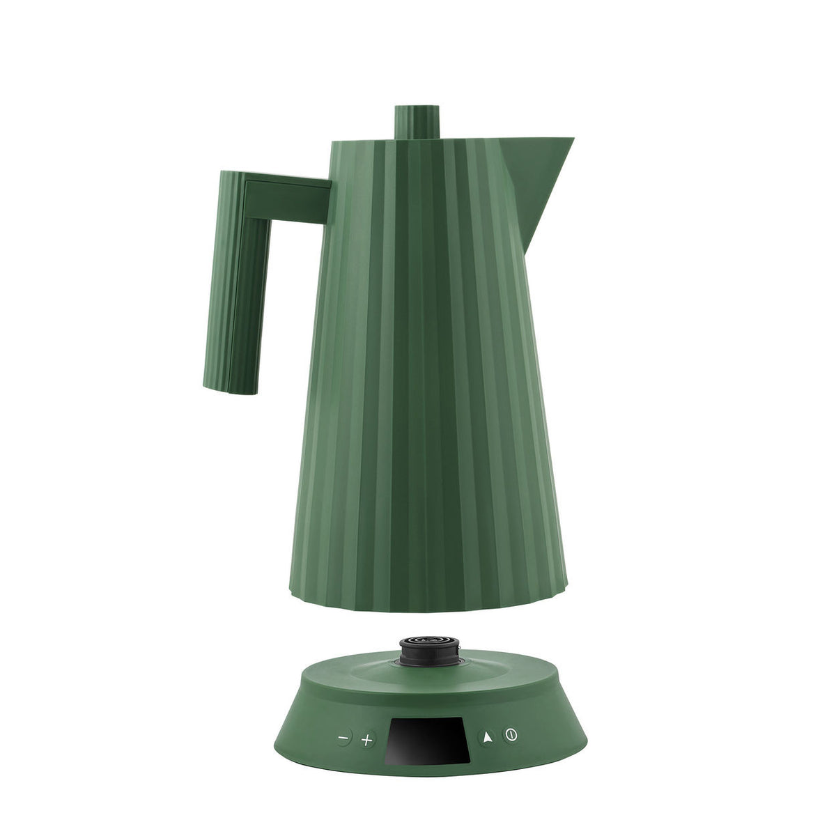 Alessi Plissé waterkoker in groen, met geplooide vorm op sokkel met bediening