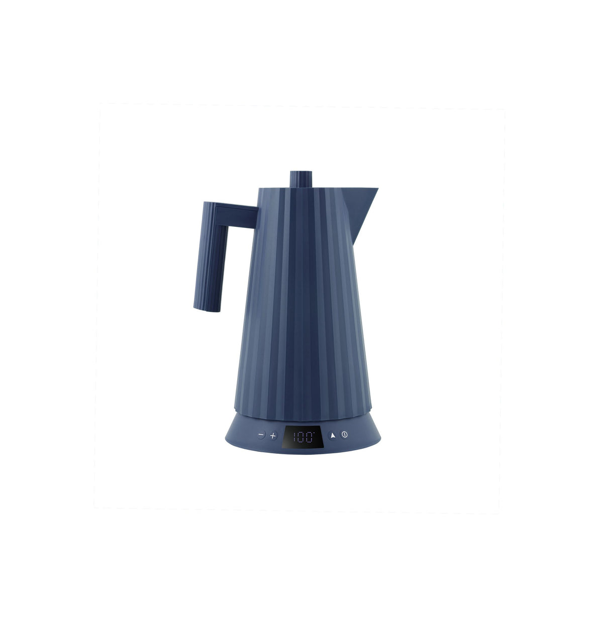Alessi Plissé waterkoker in donkerblauw, ontwerp Michele De Lucchi, vooraanzicht met temperatuurdisplay