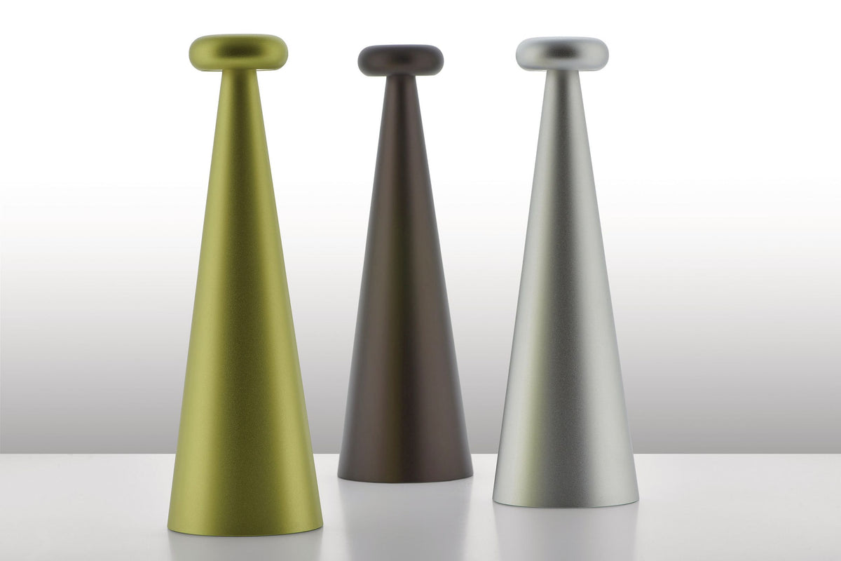 Bedin lighting by Alessi, three colours of the edition side by side, switched off