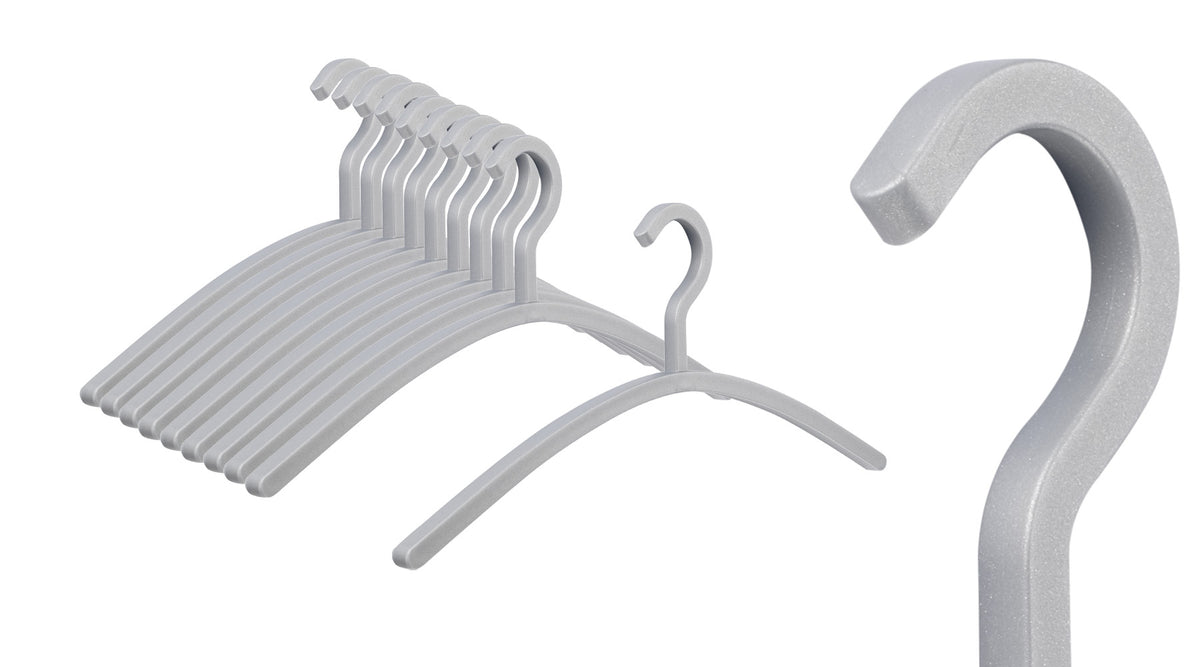 Carree kledinghangers, set van 10 in zilver, met detailweergave van de haak, ontwerp Murken Hansen