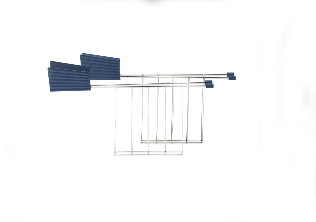 Alessi toastrack, Plissé editie, blauw kunststof handvat met metaaldraad rek, ontwerp Michele De Lucchi.