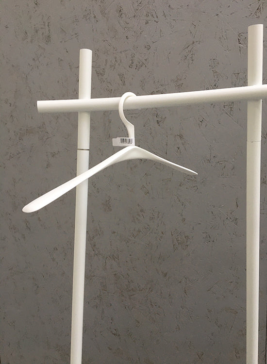 Woud Kira clothes hanger with wide hook, matte white, detail on clothes rack