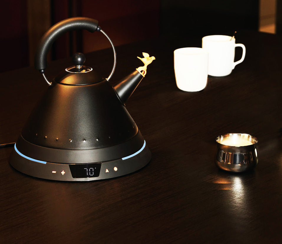 Alessi MG32 waterkoker met temperatuurregeling, zwarte uitvoering, verlichte ring op voetstuk