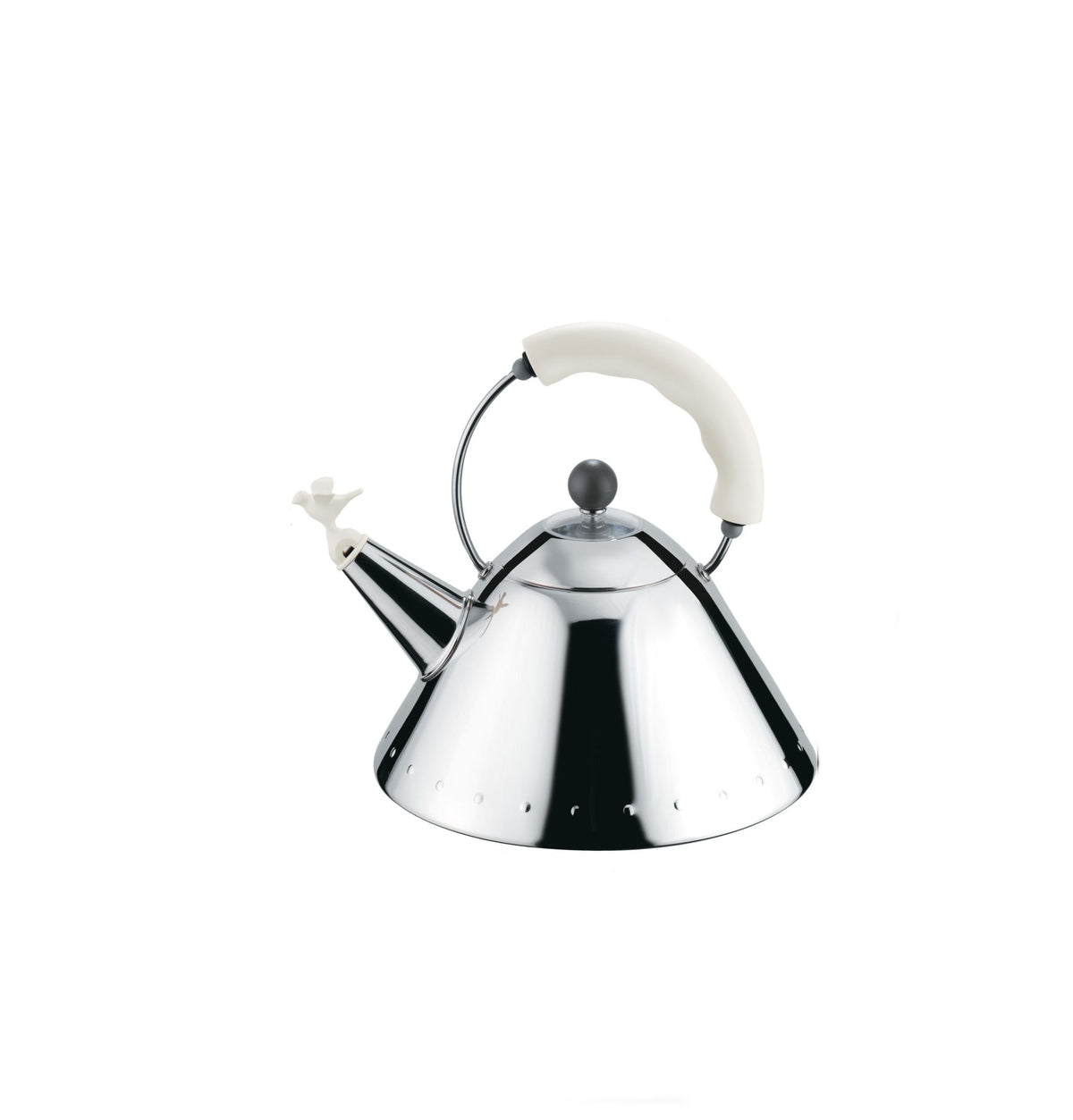 Alessi fluitketel Klassiek in rvs met wit handvat en kleine fluit in vogelvorm, ontwerp Michael Graves
