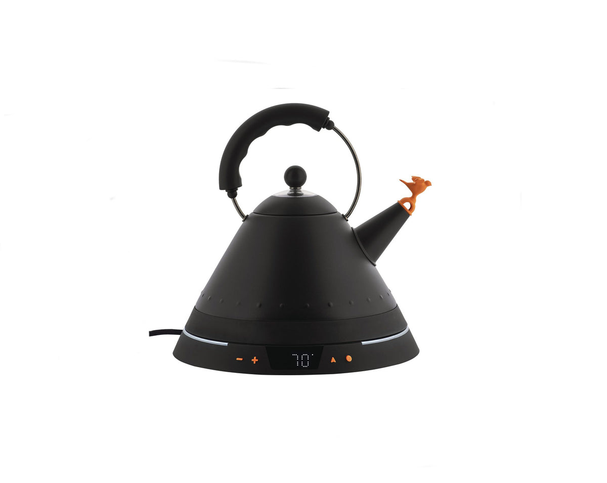 Alessi MG32 waterkoker met temperatuurregeling, editie 2025, in zwarte met oranje vogel op tuit