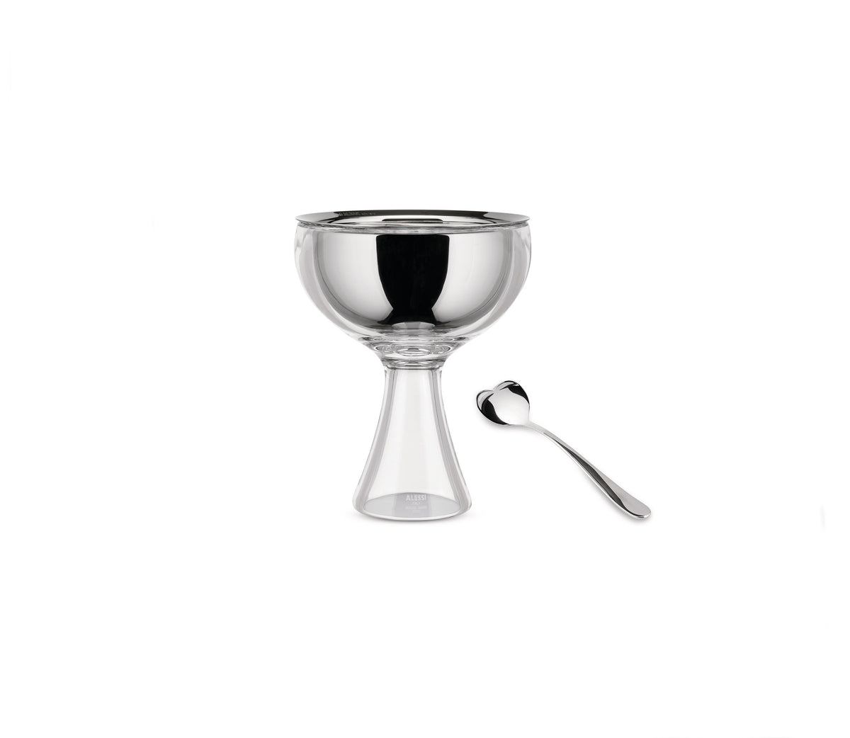 Alessi Big Love ijscoupe met rvs kommetje en ijslepel, helder glas, ontwerp Miriam Mirri