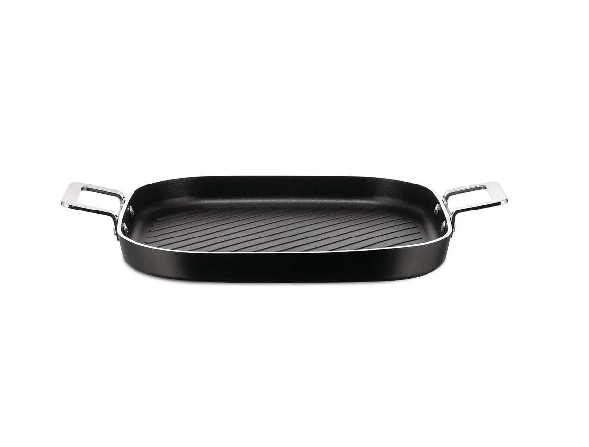 Alessi grillpan met keramische bodem, 29 cm, ribbelpatroon en roestvrijstalen handgrepen
