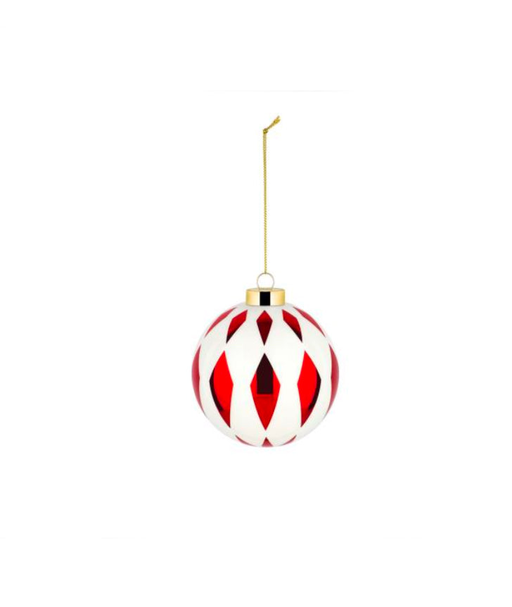 Delight kerstbal van Alessi, glazen kerstbal in wit met rood ruitpatroon