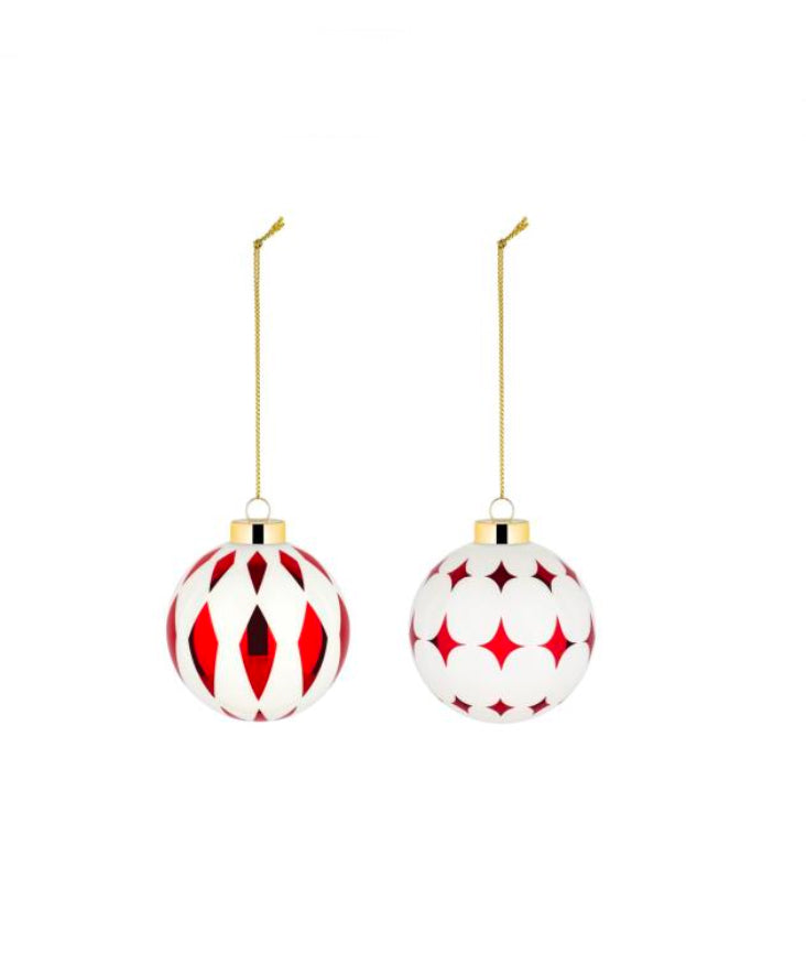Alessi Delight kleine kerstballen aan gouden koord, wit met rood motief