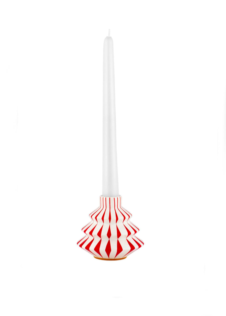 Alessi Delight kandelaar, keramische, wit-rood gestreept, met kaars