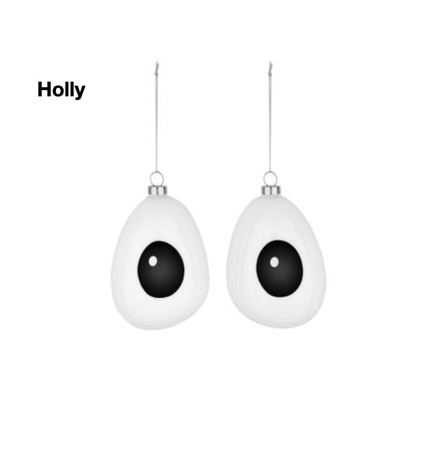Detail van de kerstballen uit BallenSet Holly, Alessi Editie 2025, wit met zwarte pupil