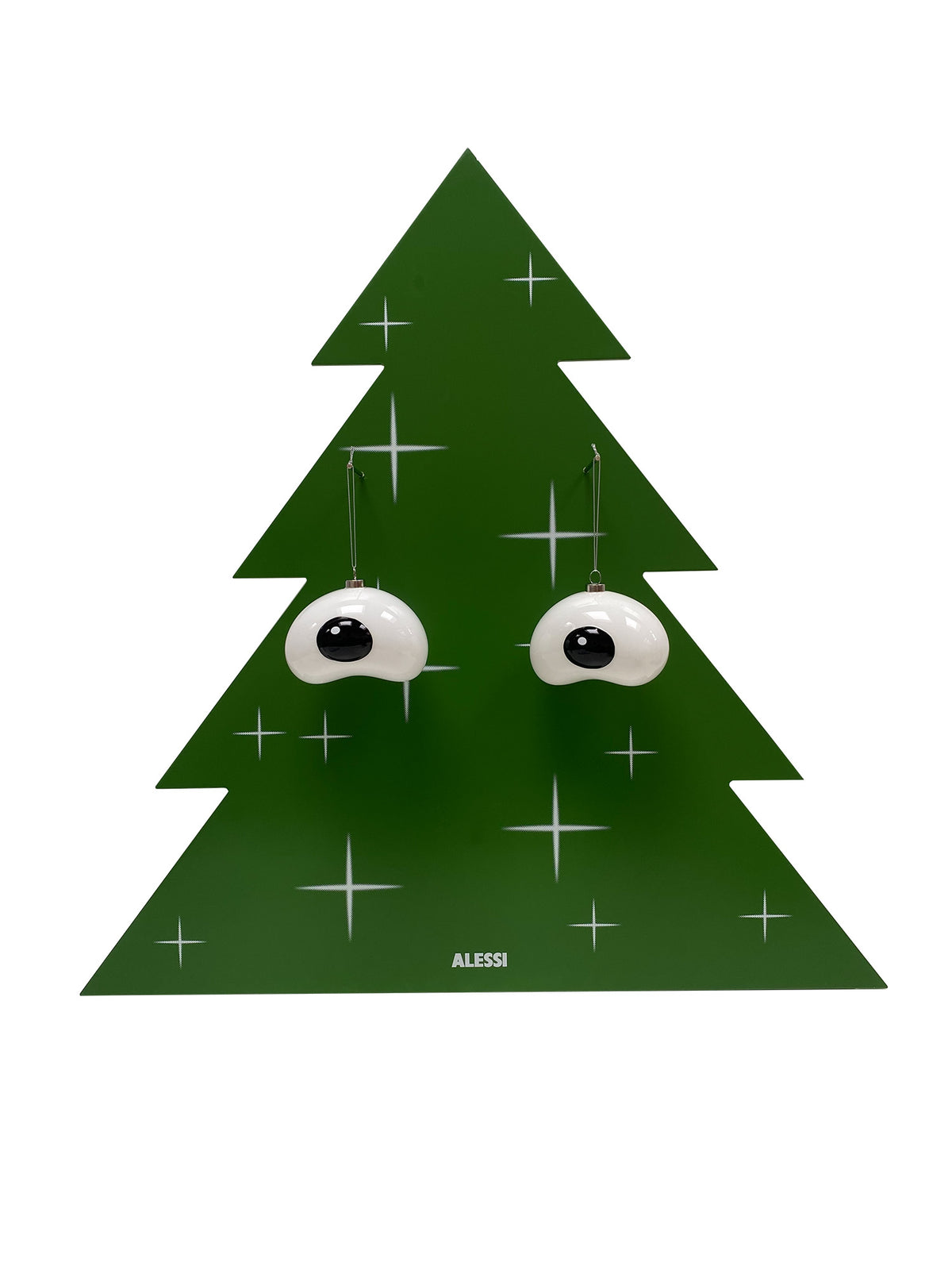 Alessi Treebies ballenset Nick, twee ogen-kerstballen aan kartonnen kerstboom