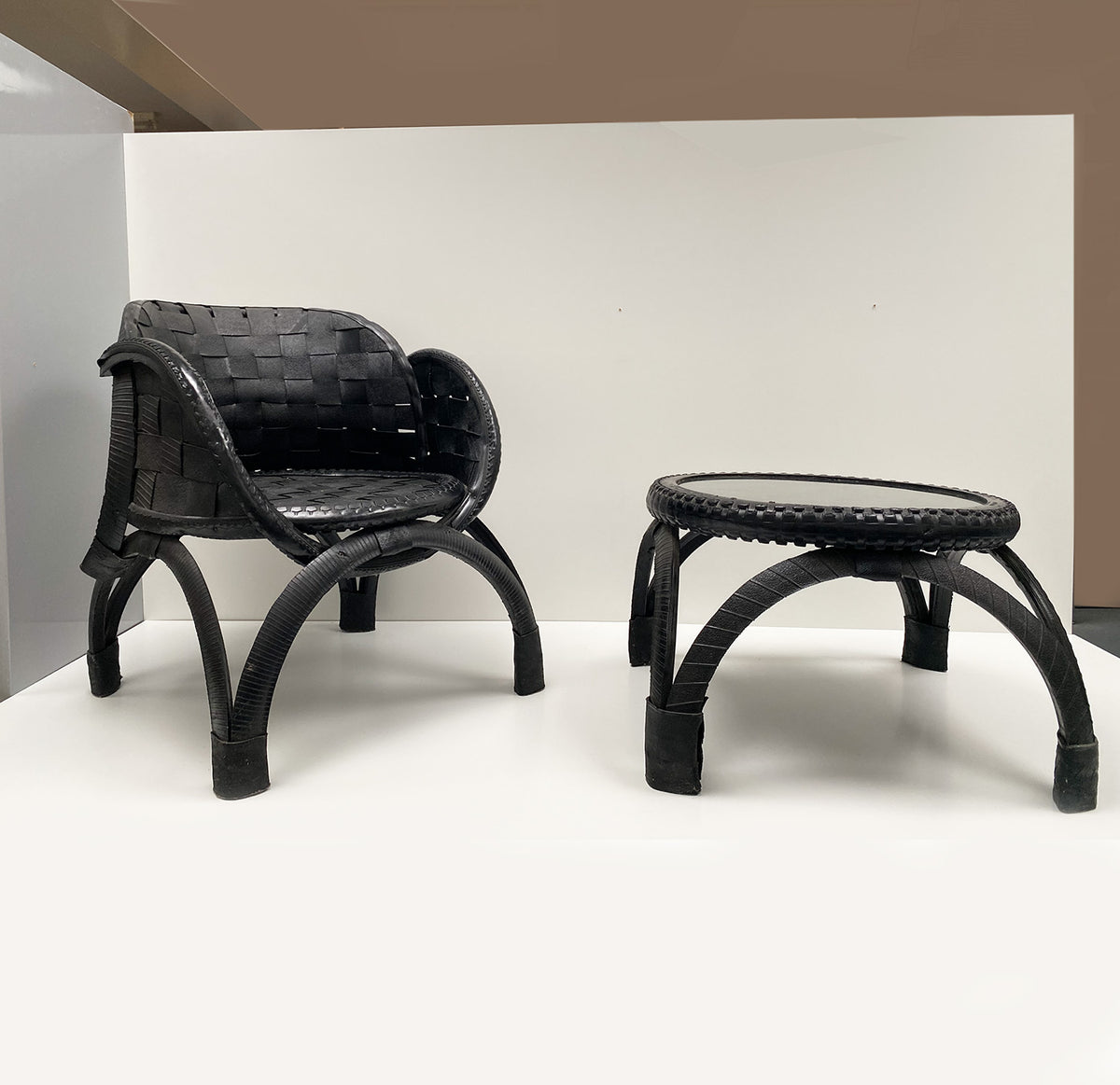 Chair and table made from recycled rubber, beautiful weave, no cushion needed