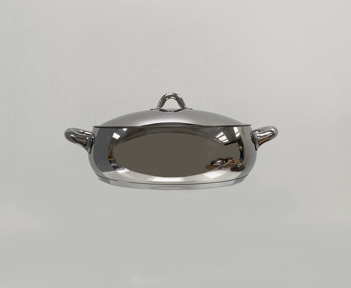 Alessi Mami brede lage kookpan met deksel, roestvrij staal, vooraanzicht